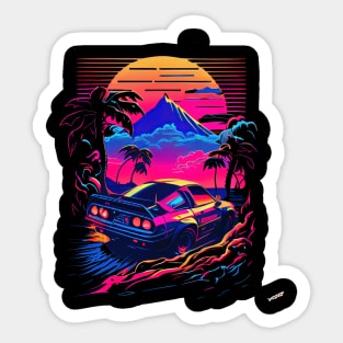Car with a view on Mount Fuji Synthwave Vaporwave Sticker